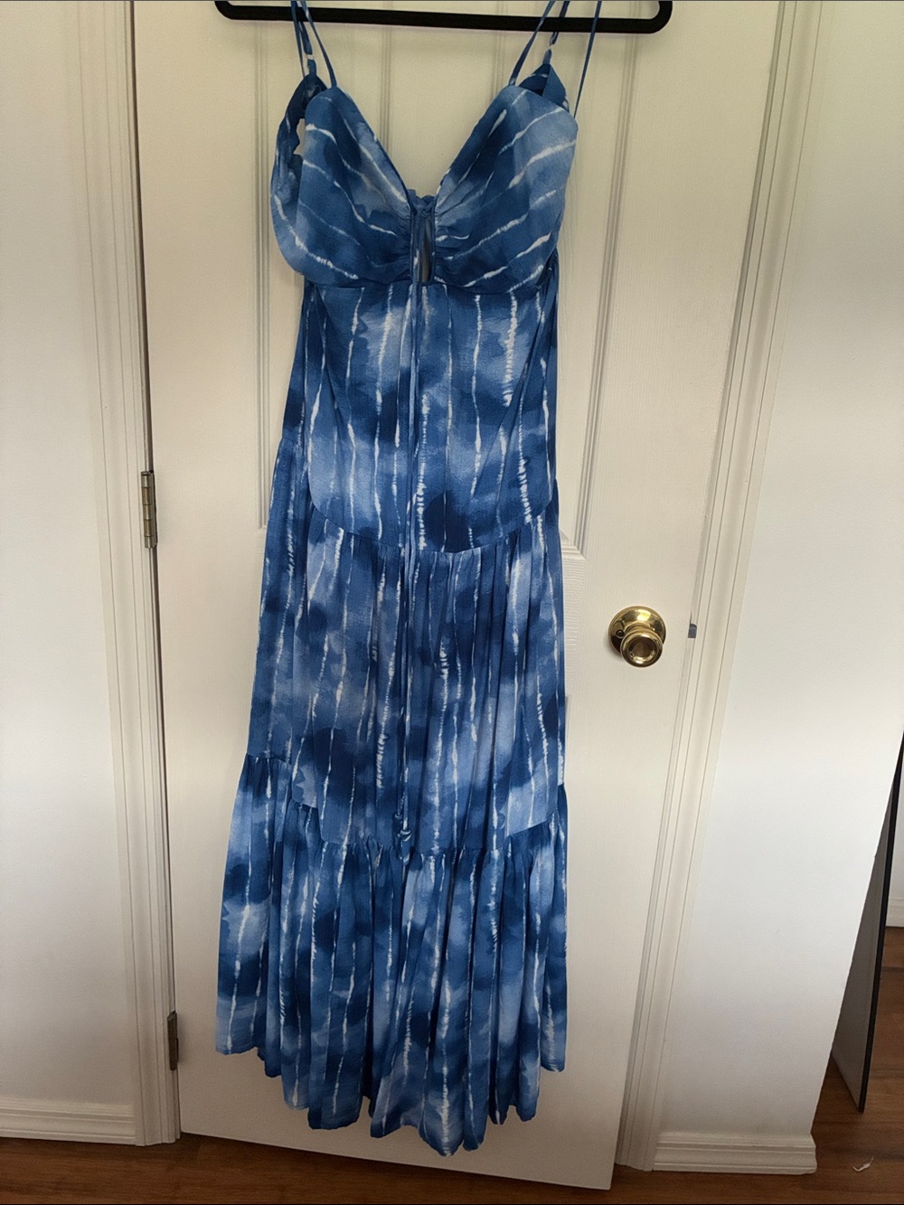 Express Blue Tie-Dye Spaghetti Strap Maxi Dress with Adjustable Straps